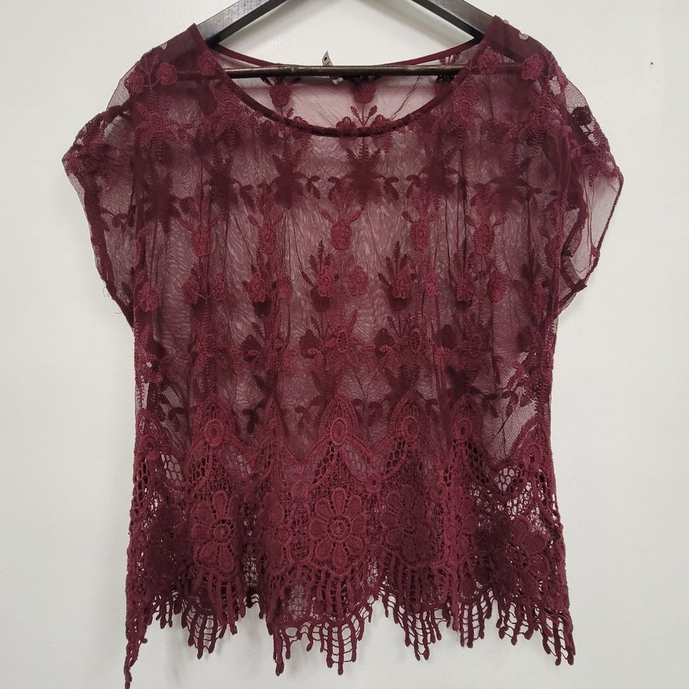Heart Soul Womens Boho Whimsigoth Festival Mesh Top Size 1X Burgundy Vampcore